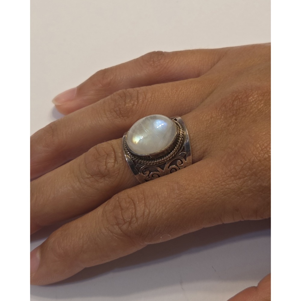 Large Domed‎ Moonstone Sterling Silver Ornate Ring Size 9 B-M 925